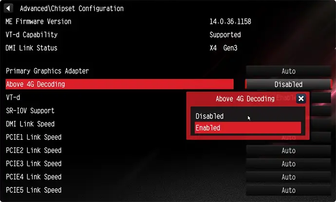 Включение опции Above 4G Decoding