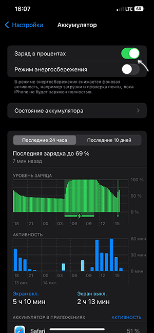 Включить заряд в процентах на iPhone в iOS 16