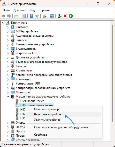 Включить тачпад в диспетчере устройств