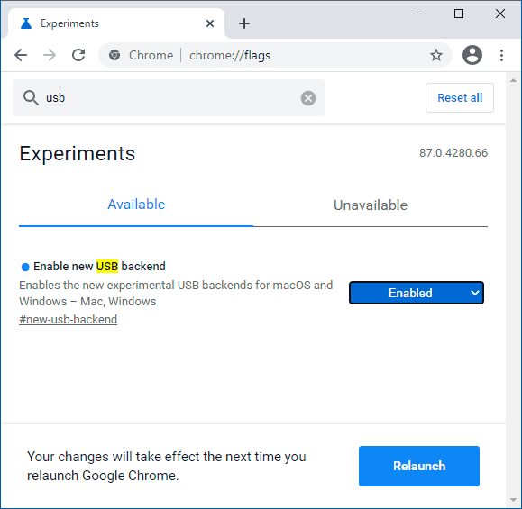Включение New USB Backend в Google Chrome
