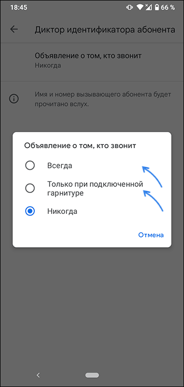 Включение озвучивания звонящего