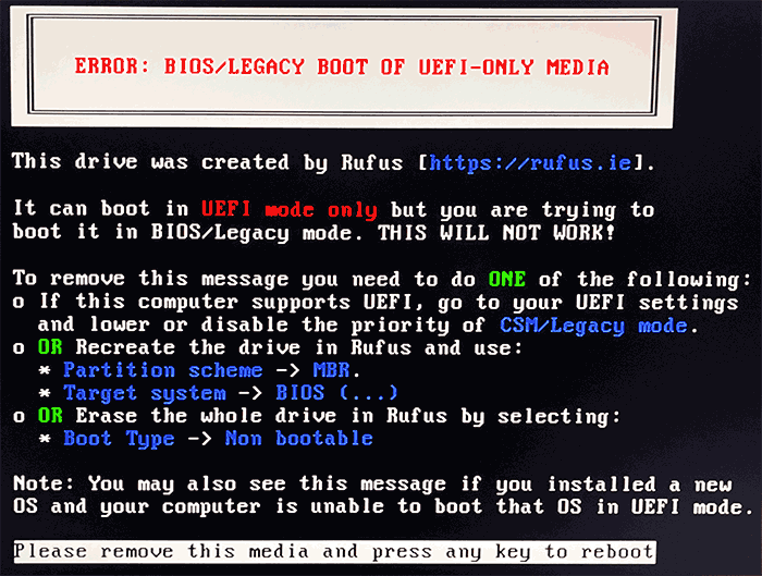 Сообщение об ошибке ERROR: BIOS/LEGACY BOOT OF UEFI-ONLY MEDIA