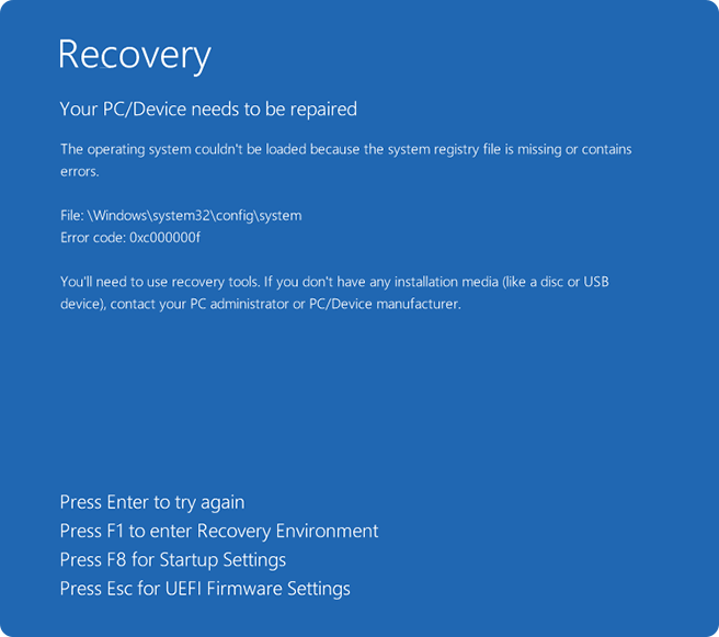 Пример ошибки Windows\system32\config\system при загрузке