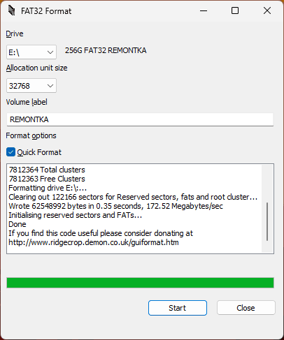 Форматирование в FAT32 выполнено успешно