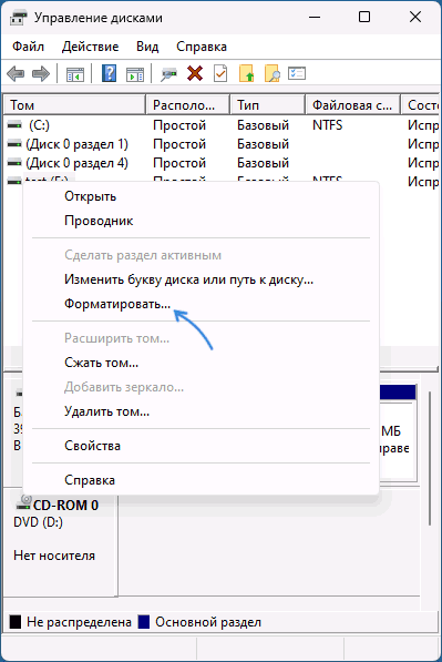 Форматирование диска в управлении дисками