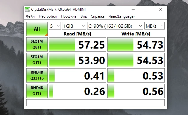 Результати Crystal Disk Mark для старого HDD