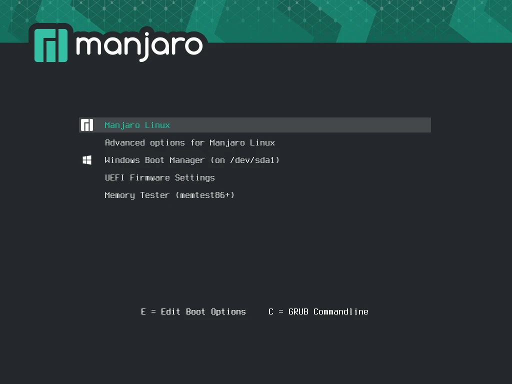 Меню GRUB після встановлення Manjaro