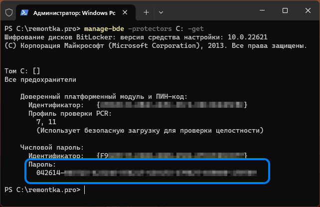 Получение ключа восстановления в командной строке