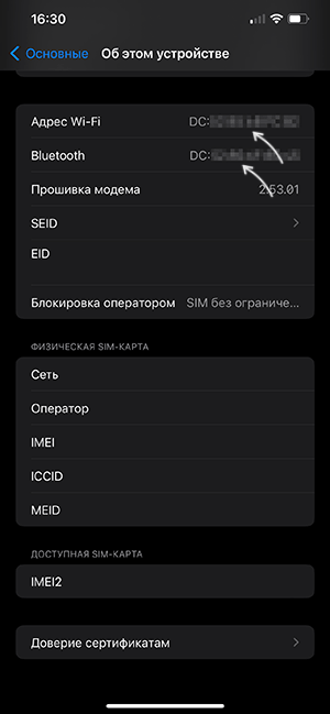 MAC адрес iPhone в разделе настроек об этом устройстве