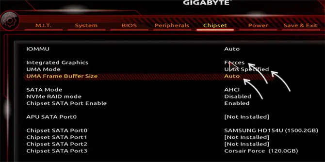 Настройка видеопамяти в БИОС Gigabyte