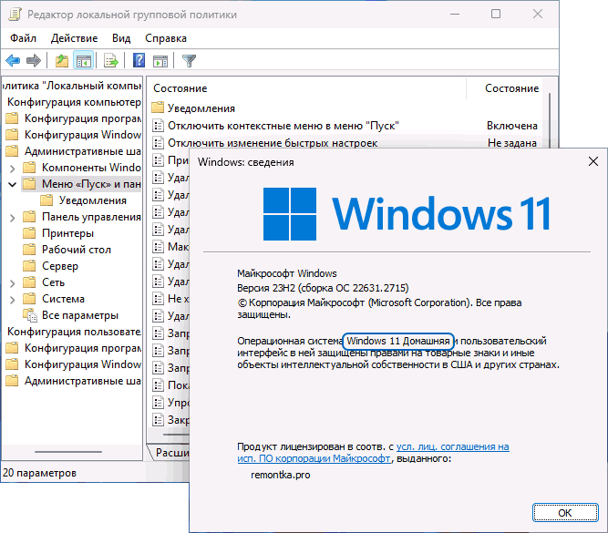 Редактор локальной групповой политики работает в Windows Домашняя