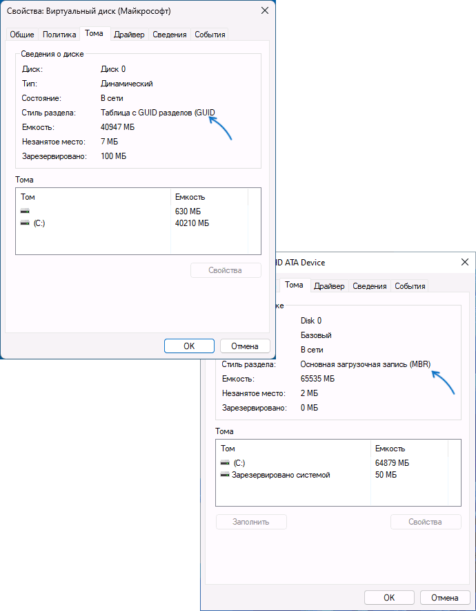 GPT и MBR диски в свойствах дисков Windows