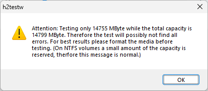 Предупреждение H2Testw