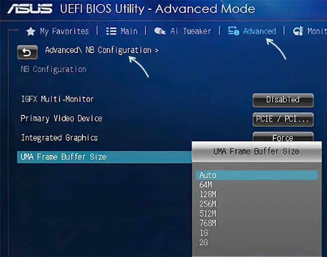 Изменение памяти встроенной видеокарты в UEFI