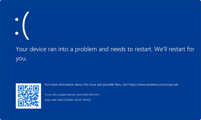 Ошибка INACCESSIBLE BOOT DEVICE при попытке запустить Windows с внешнего диска