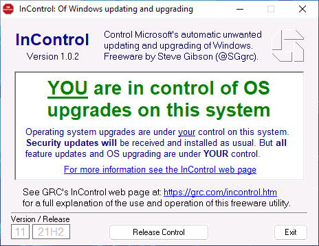 Целевая версия Windows установлена в InControl