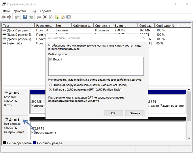 Инициализация диска SSD в управлении дисками Windows 10