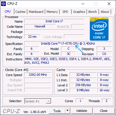 Информация об установленном процессоре в CPU-Z