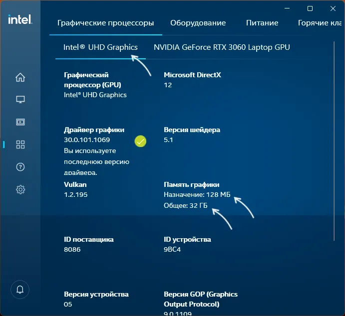 Память встроенной видеокарты в центре управления графикой Intel