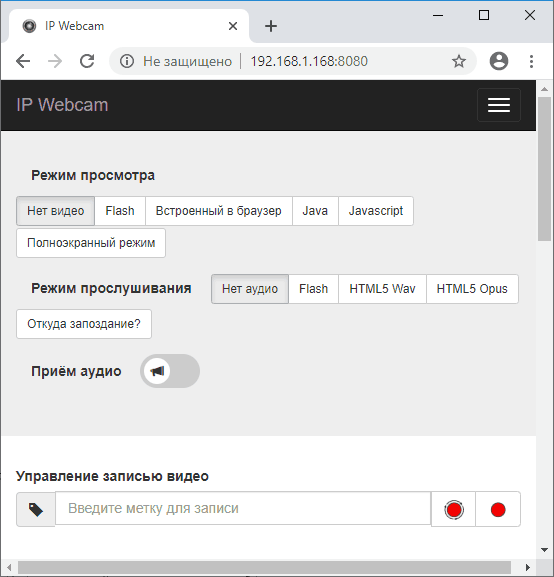Страница управления IP Webcam