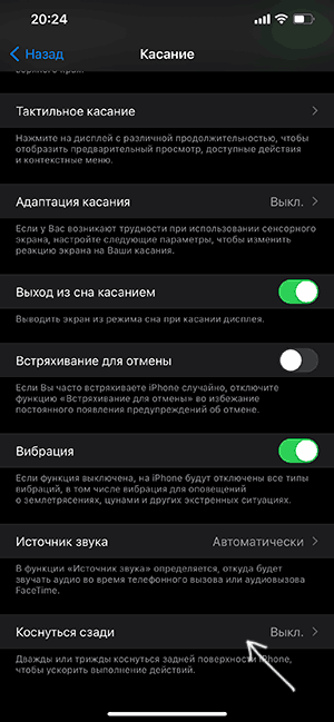 Настройки касания сзади на iPhone