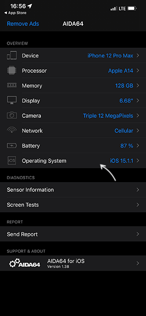 Версия iOS в AIDA64 для iPhone