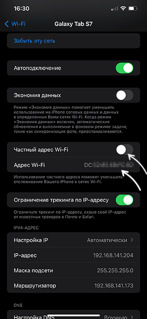 MAC-адрес iPhone в свойствах Wi-Fi сети