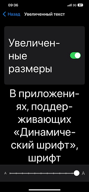 Увеличенный текст в параметрах универсального доступа iPhone