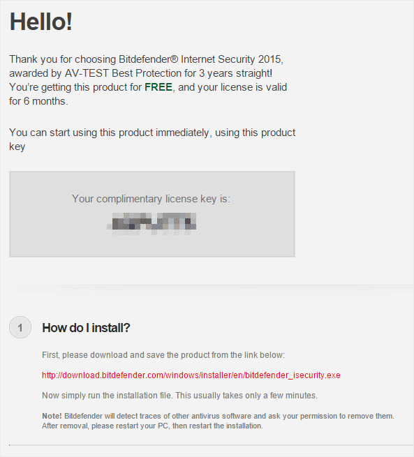Письмо с лицензионным ключом BitDefender