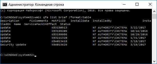 Список установленных обновлений в командной строке