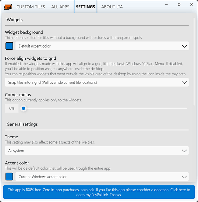 Настройки программы Live Tiles Anywhere