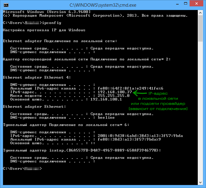 Внутренний IP-адрес в ipconfig