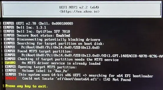 Сообщение об ошибке Could not locate efi\boot\bootx64.efi 14 Not Found