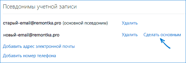 Установить новый E-mail как основной для учетной записи Майкрософт