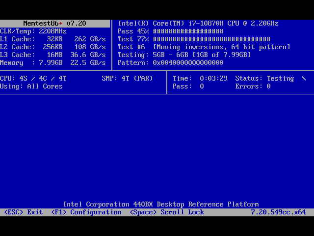 Процесс тестирования в memtest86+