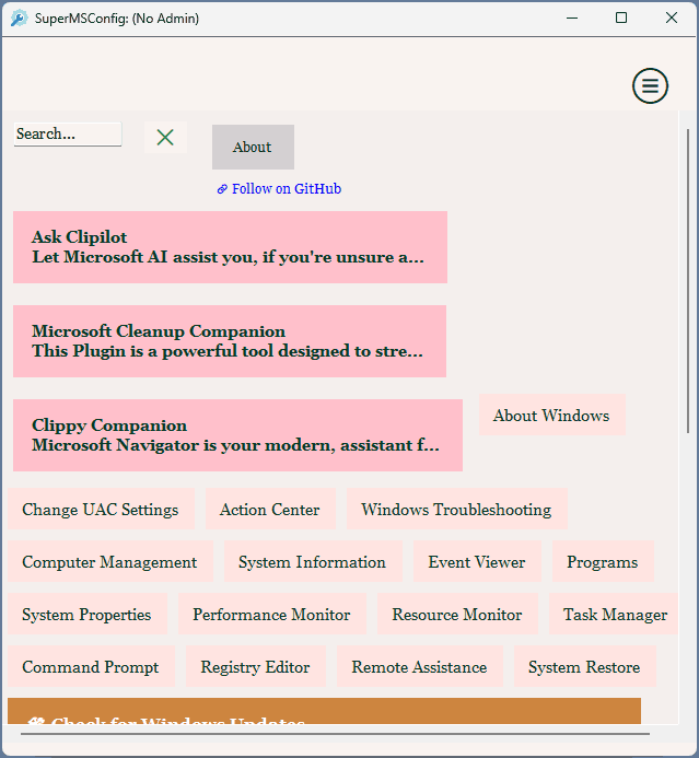 Меню SuperMSConfig