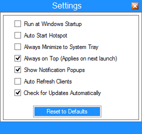 Параметры программы mHotspot