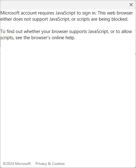 Сообщение об ошибке Microsoft account requires JavaScript to sign in. This browser either does not support JavaScript, or scripts are beign blocked