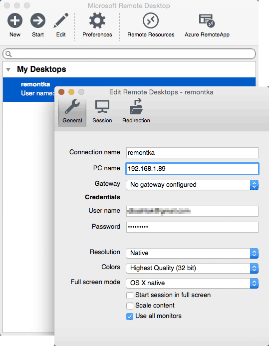 Microsoft Remote Desktop в Mac OS X