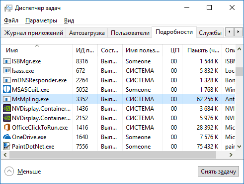 Процесс MsMpEng.exe в диспетчере задач