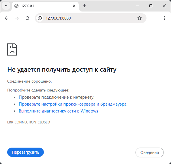 Пример ошибки ERR CONNECTION CLOSED в Google Chrome