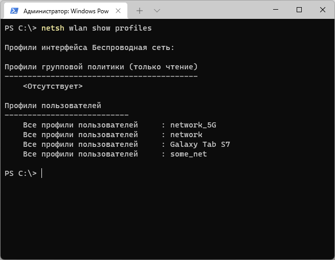 Результат выполнения команды netsh wlan show profiles