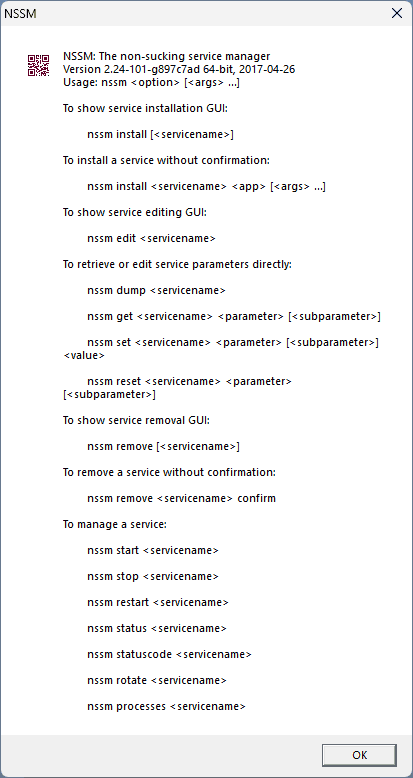 Список параметров командной строки NSSM