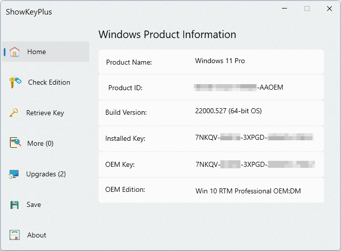 Ключ установленной Windows 11 и OEM ключ в ShowKeyPlus