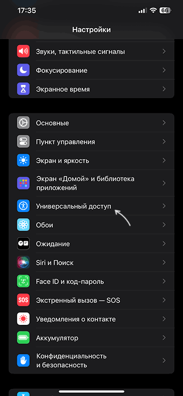 Открыть настройки универсального доступа на iPhone