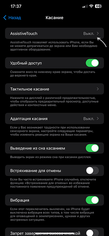 Открыть настройки AssistiveTouch