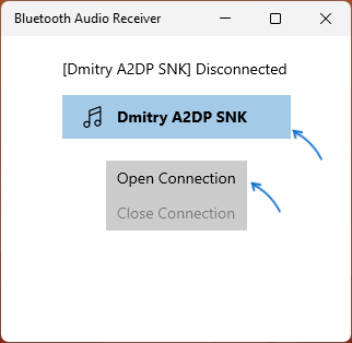 Запуск подключения в Bluetooth Audio Receiver