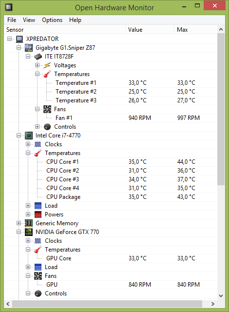 Температура в программе Open Hardware Monitor