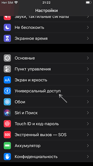 Открыть универсальный доступ в настройках iPhone
