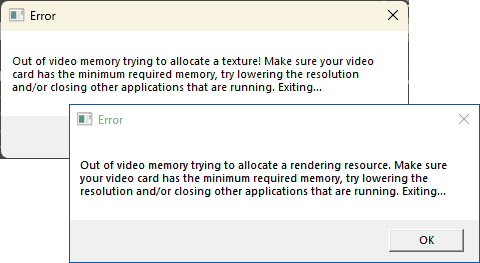 Сообщения об ошибках Out of video memory
